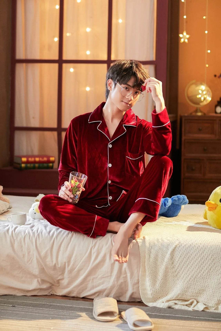 2pcs Couple Gold Velvet Long Sleeve Pajamas set