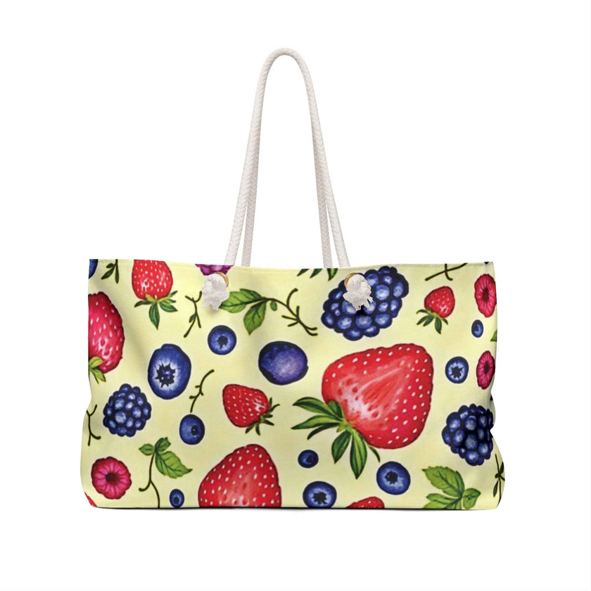 Strawberry Blueberry Print Weekender Bag | Fruit Pattern Tote | Large Tote Bag