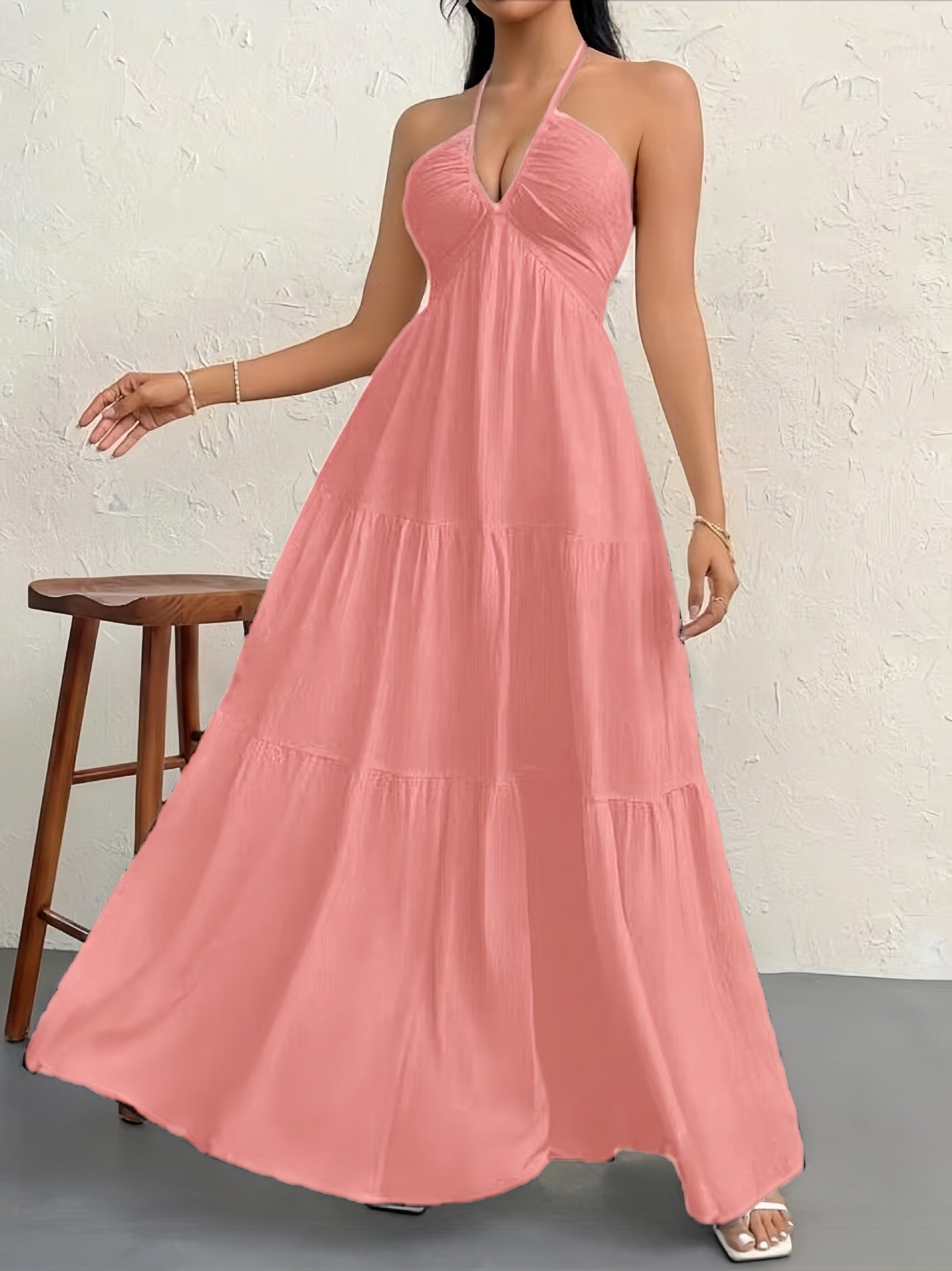 Backless Halterneck V-Neck Pleated A- Line Dress Women's Clothing One-Piece Dress Ankle-length Skirt For Beach Vacation Outfits