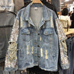 Street Fashion Heavy Industry lose Ripped Sequined Sleeve Denim Jacket Women