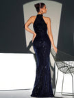 Mesh Sequined Mermaid Sleevless Halter Neck Maxi Dress - Black