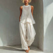 Sheer Round-neck Sleeveless Tank Top And Drawstring Wide-leg Pants Set