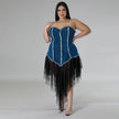 Women's Fashion Sleeveless Denim Stitching Mesh Jeans Tassel Dress