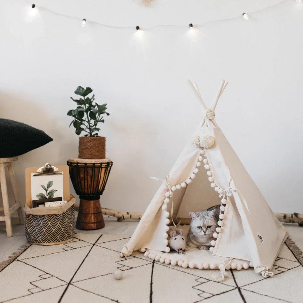 Boho Canvas Pet Teepee Tent Bed – Cat & Dog Tipi House | S, M, L