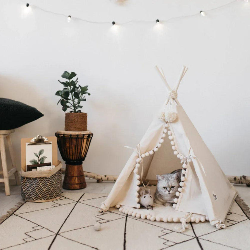 Boho Canvas Pet Teepee Tent Bed – Cat & Dog Tipi House | S, M, L