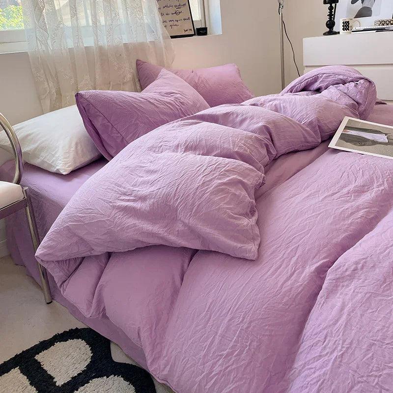 Solid Colour Sanding Washed Cotton 4-Piece Duvet Cover Bed Set