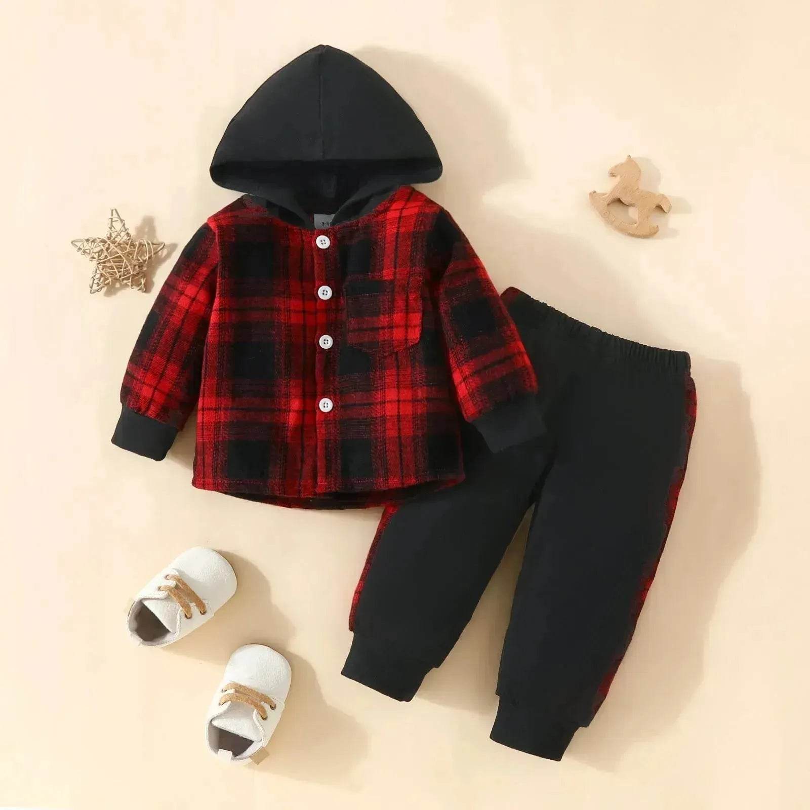 Toddler Baby Boy Classic Plaid Hooded Long Sleeve Shirt Contrast Color Trousers Suit Two piece for boys