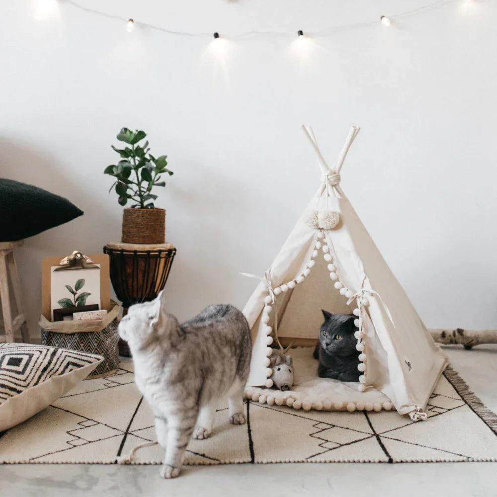 Boho Canvas Pet Teepee Tent Bed – Cat & Dog Tipi House | S, M, L