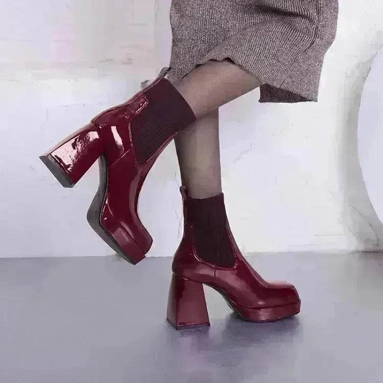 Buy Women Platform Block heel Patent leather boot Woolen winter boot