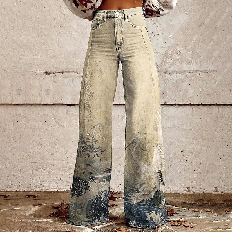Graphic Printed Bootcut Jeans for Women – Wide Leg Printed Denim Trousers