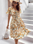 Women Bohemian Spring Short sleeve Casual flowy V-neck Tie belt Floral Summer Midi Dress