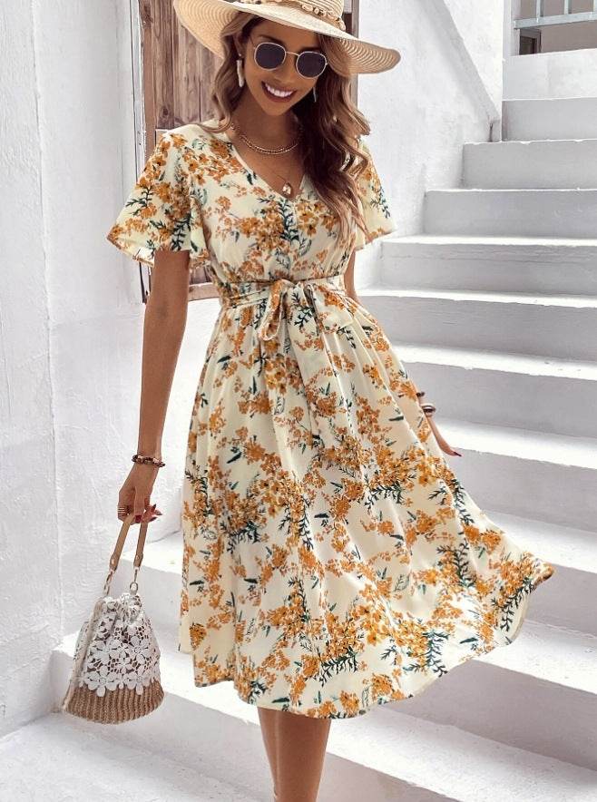 Women Bohemian Spring Short sleeve Casual flowy V-neck Tie belt Floral Summer Midi Dress
