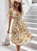 Women Bohemian Spring Short sleeve Casual flowy V-neck Tie belt Floral Summer Midi Dress