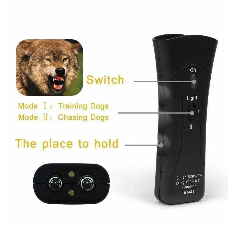 3-in-1 Anti Barking Dog Training Device – Ultrasonic Repeller & LED Flashlight (Black / Yellow)