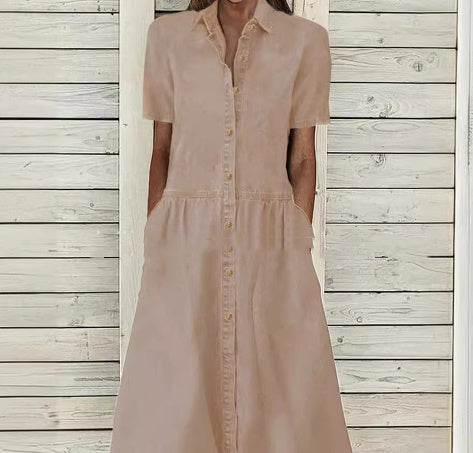 Women's European And American Lapel Casual loose button down Midi Denim jeans Mum Dress