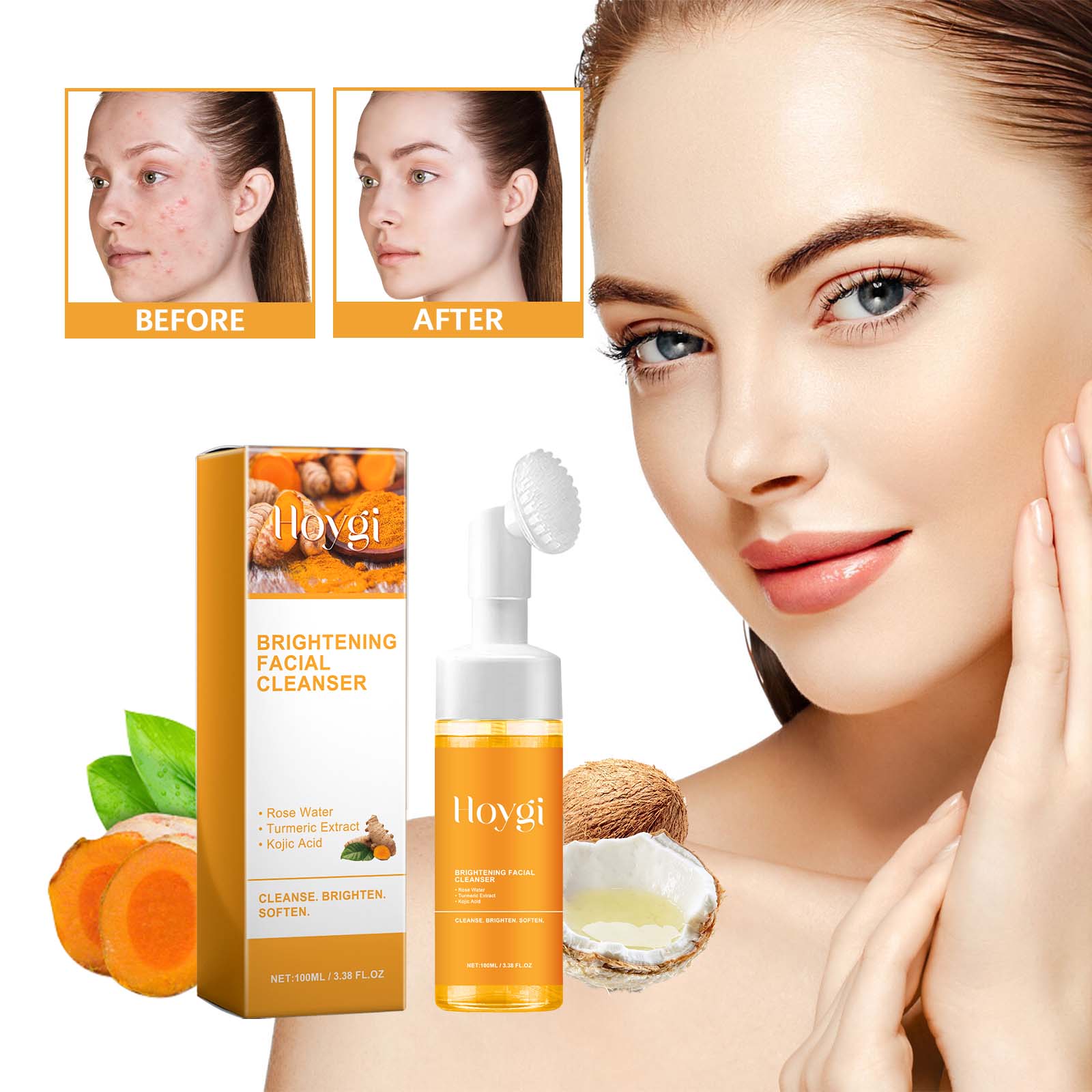 Hoygi Turmeric Brightening Facial Cleanser with Brush – Rose Water, Kojic Acid, 100ml