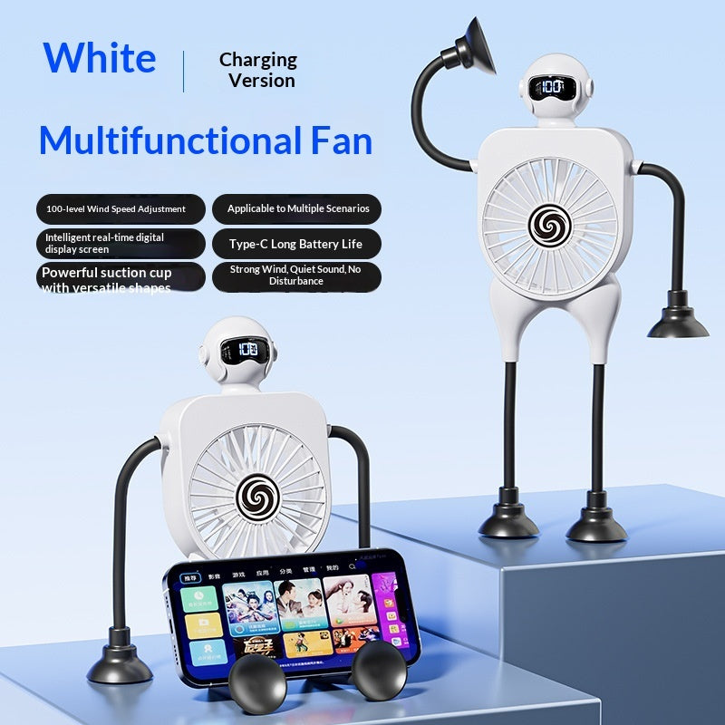 Robot USB Rechargeable Desk Fan with Suction Cup & Digital Display – 100-Speed Portable Cooling Fan