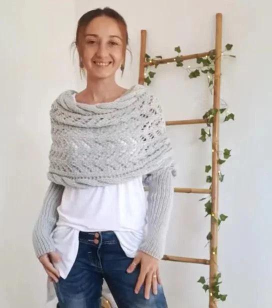 Autumn And Winter Warm Knitted Shawl top Women's Hollowed-out Double Sleeve