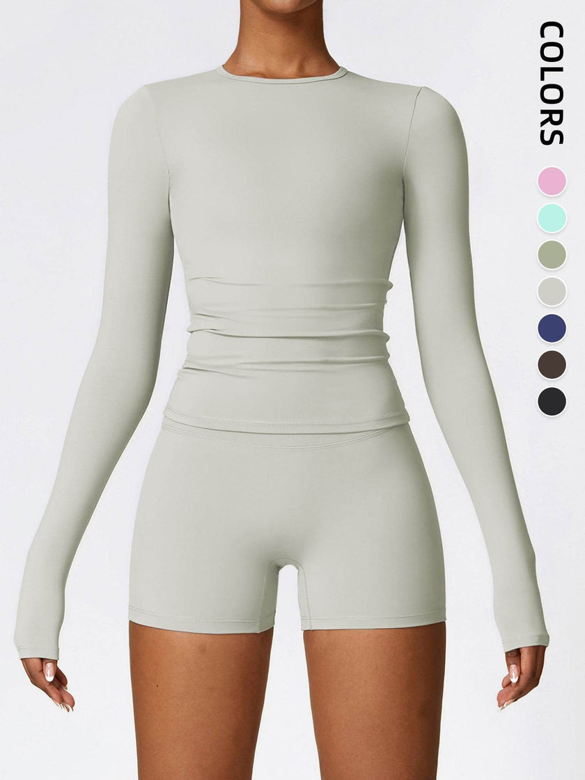 Women's Four Seasons Sports Suit, Women's Long Sleeve Round Neck Sports T-shirt And High Waist Tight Shorts Yoga Suit.