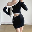 Contrast Color Diagonal Collar Lace-up Long Sleeve Dress