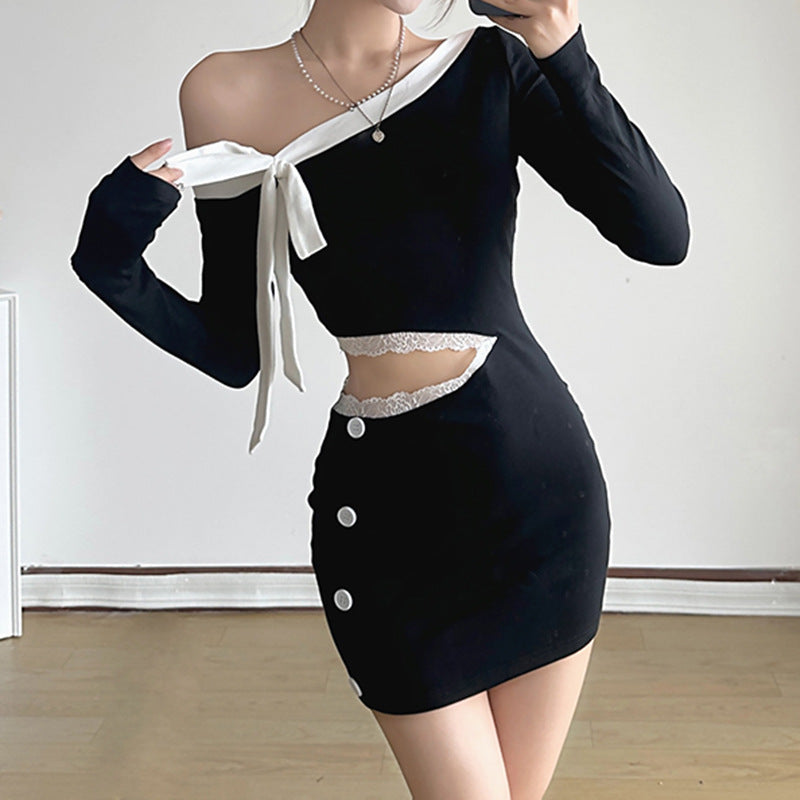 Contrast Color Diagonal Collar Lace-up Long Sleeve Dress