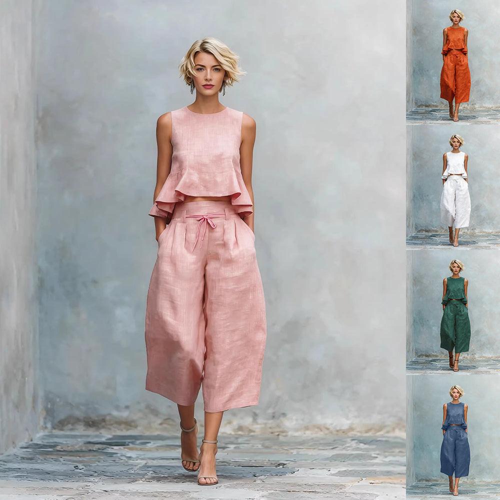 Women's 2 Piece Casual Linen Outfit Ruffle Top & Wide-Leg Pants