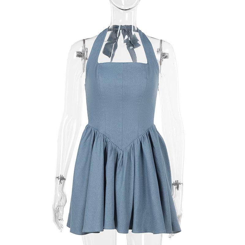 Women sleeveless Sling Waist jeans Denim Dress Backless halter neck flared mini dress