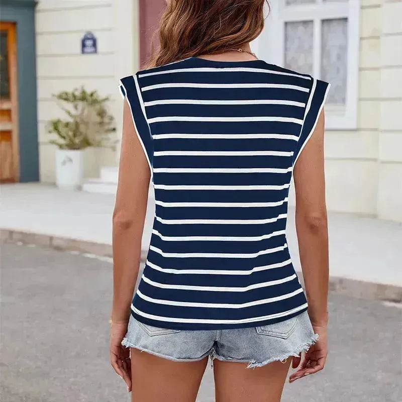 Fashion Stripe Print V-neck Short-sleeved T-Shirt Summer Loose Casual top for Women