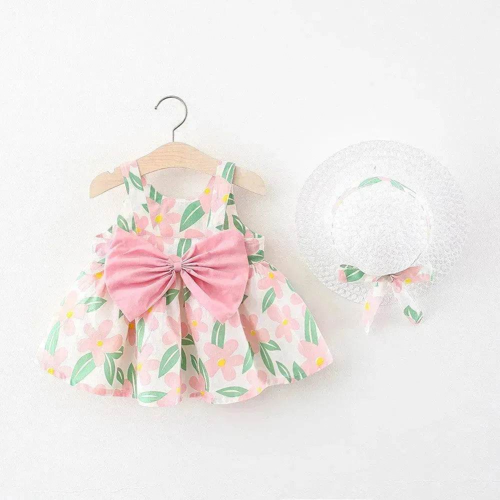 Baby Girl Floral Princess Dress with Matching Hat – Cotton Suspender Sundress for Toddlers