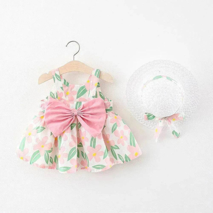 Baby Girl Floral Princess Dress with Matching Hat – Cotton Suspender Sundress for Toddlers