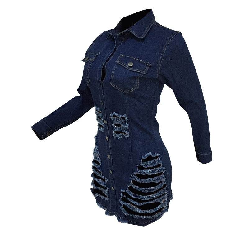 Chic Fashion Fitted Ripped Long Sleeve Jeans Denim hip dress
