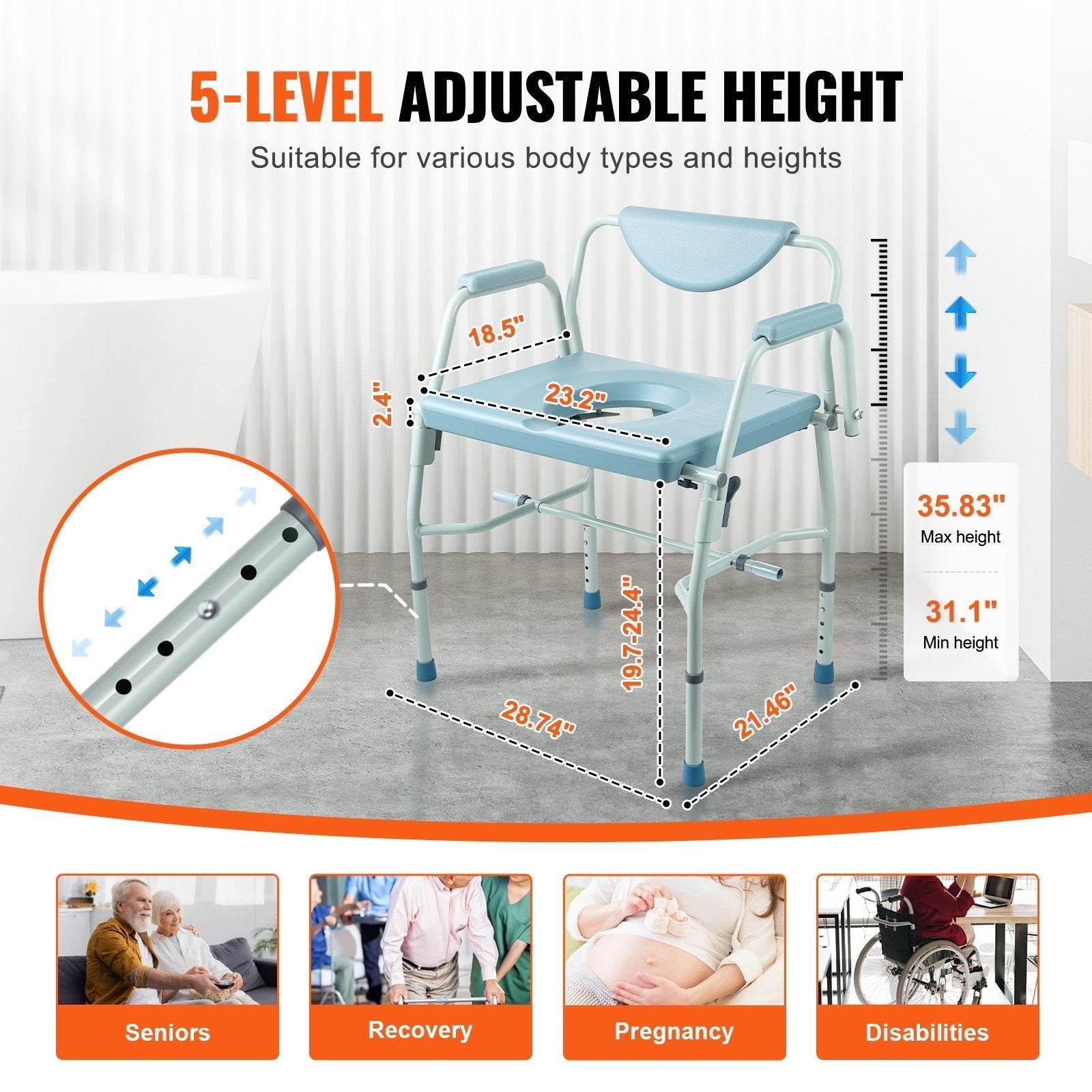 Commode Chair, Bedside Commode With Drop-Down Arms And Detachable Backrest, 5-Level Adjustable Height, 7L Removable Bucket, Easy To Assemble, 1000LBS Capacity, Portable Toilet For Adults Seniors
