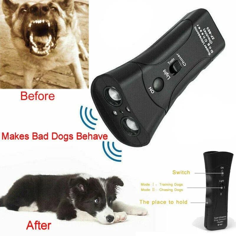 3-in-1 Anti Barking Dog Training Device – Ultrasonic Repeller & LED Flashlight (Black / Yellow)