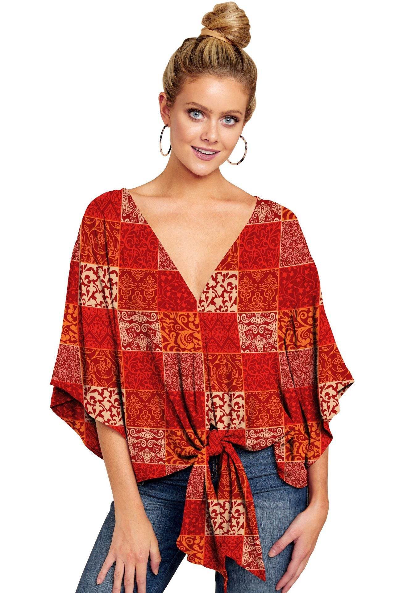 New V Neck Blouse Women Leopard Print Floral Tie Front Blouses Batwing Summer Oversize Ladies Tops