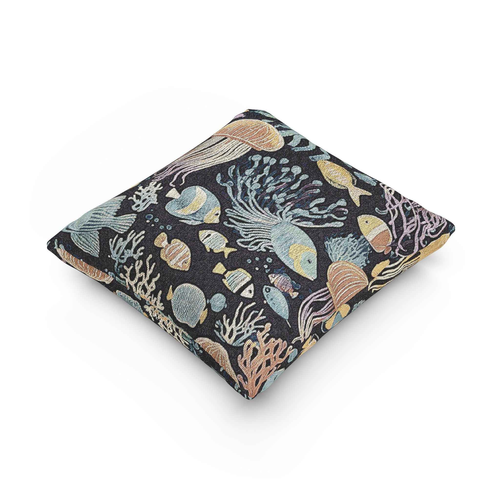 Underwater Jellyfish and Fish Woven Pillow | Ocean Reef Tapestry Cushion