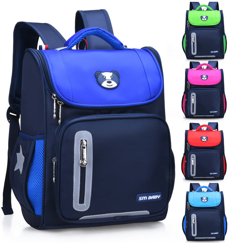 Kids Colour-Contrast Nylon School Backpack – Lightweight Children's Bag with Panda Patch (Blue, Red, Green)