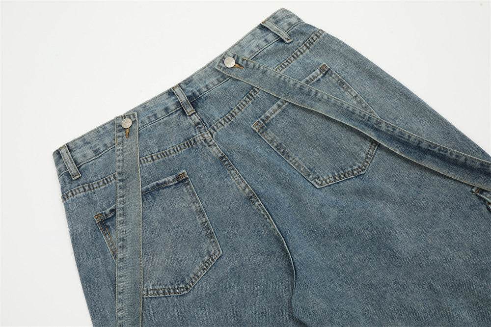 Ribbon Design Multi-pocket Workwear Denim Trousers Men Jeans