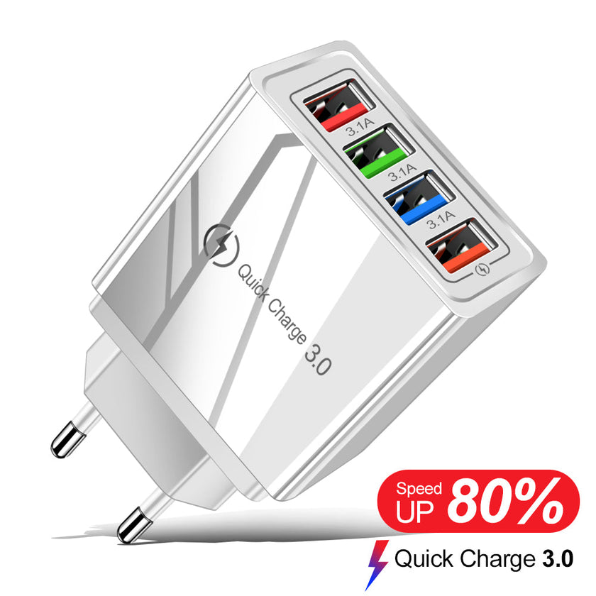 4-Port USB Wall Charger with Quick Charge 3.0 – EU, UK & US Plug | Multi-Colour