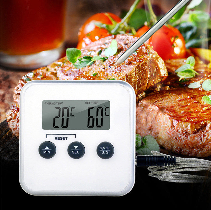 Kitchen Probe Thermometer with Timer, 1m Cable, 0°C to 250°C, Stand Hang Magnet, Black and White