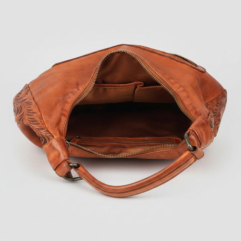 MET Premium Leather Shoulder Bag. Elegant Hobo Bag with Laser-Engraved Floral Leaf Panels