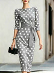 Retro Polka-Dot Belted Bodycon Dress – Elegant Knit Midi Dress for Women Canada