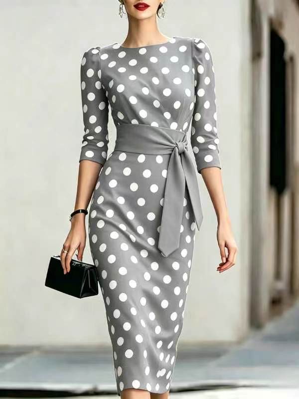 Retro Polka-Dot Belted Bodycon Dress – Elegant Knit Midi Dress for Women Canada