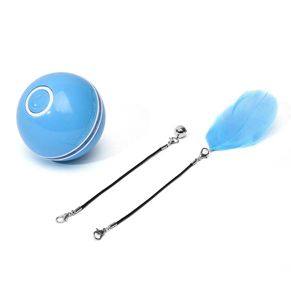 USB Rechargeable LED Rolling Cat Ball Toy with Feather & Bell – Blue, White, Gray, Pink