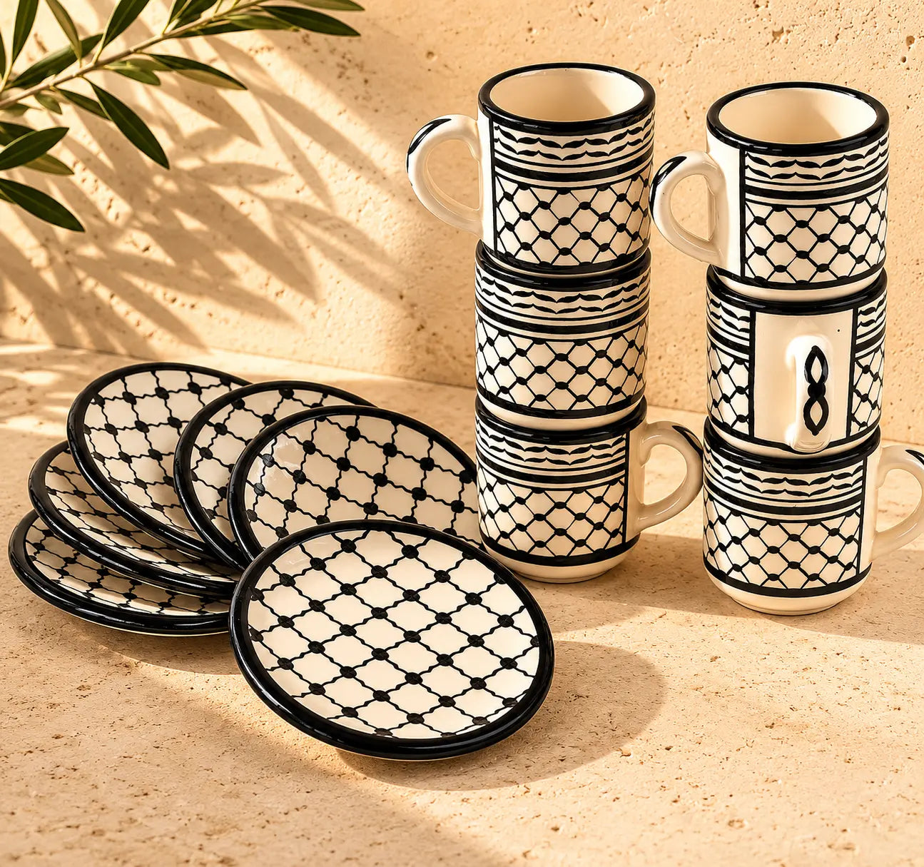Palestinian Kuffia Coffee Cups Set of 6 – Cylinder Ceramic Cups with Handles & Plates (6×6×7 cm) for Arabic Coffee