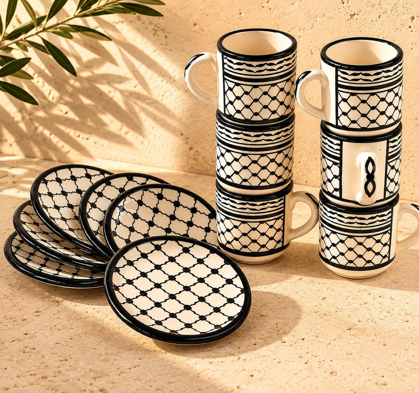 Palestinian Kuffia Coffee Cups Set of 6 – Cylinder Ceramic Cups with Handles & Plates (6×6×7 cm) for Arabic Coffee