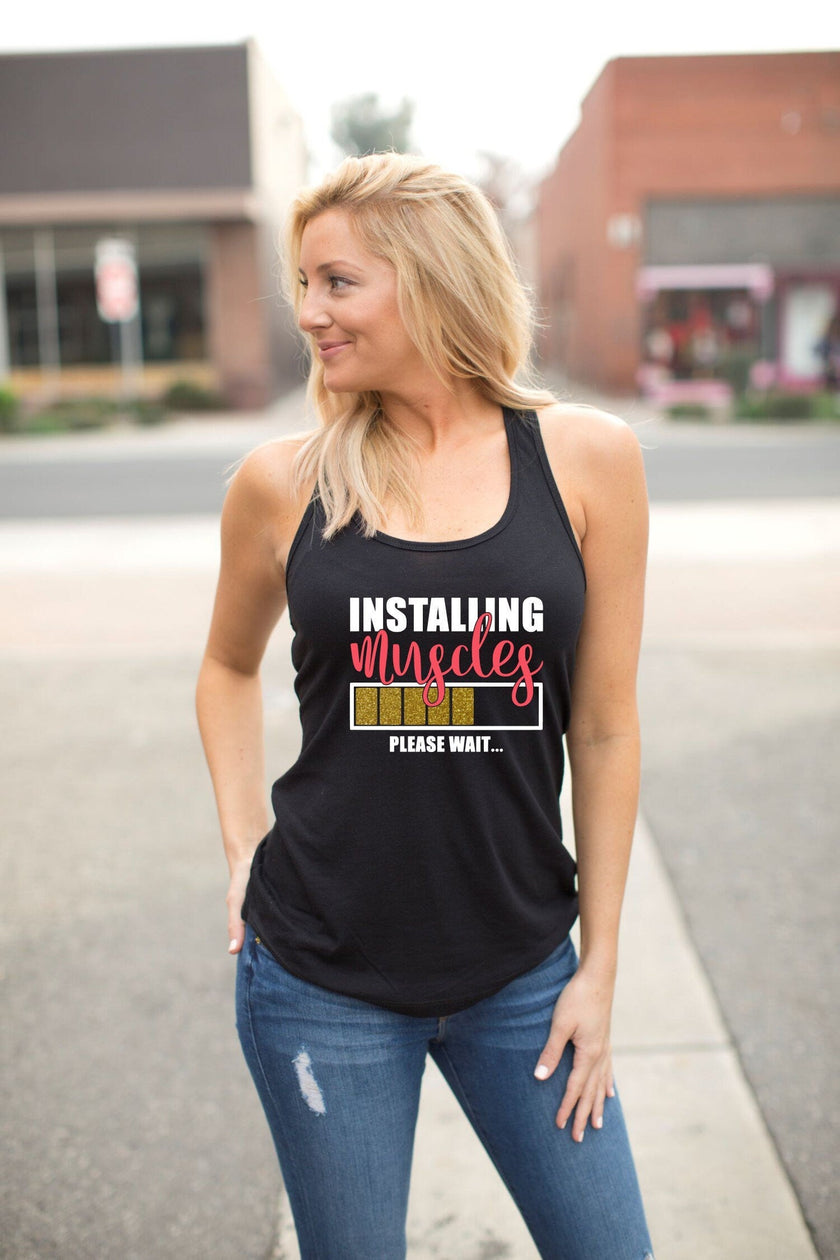 Installing Muscles Please Wait Racerback Tank Top