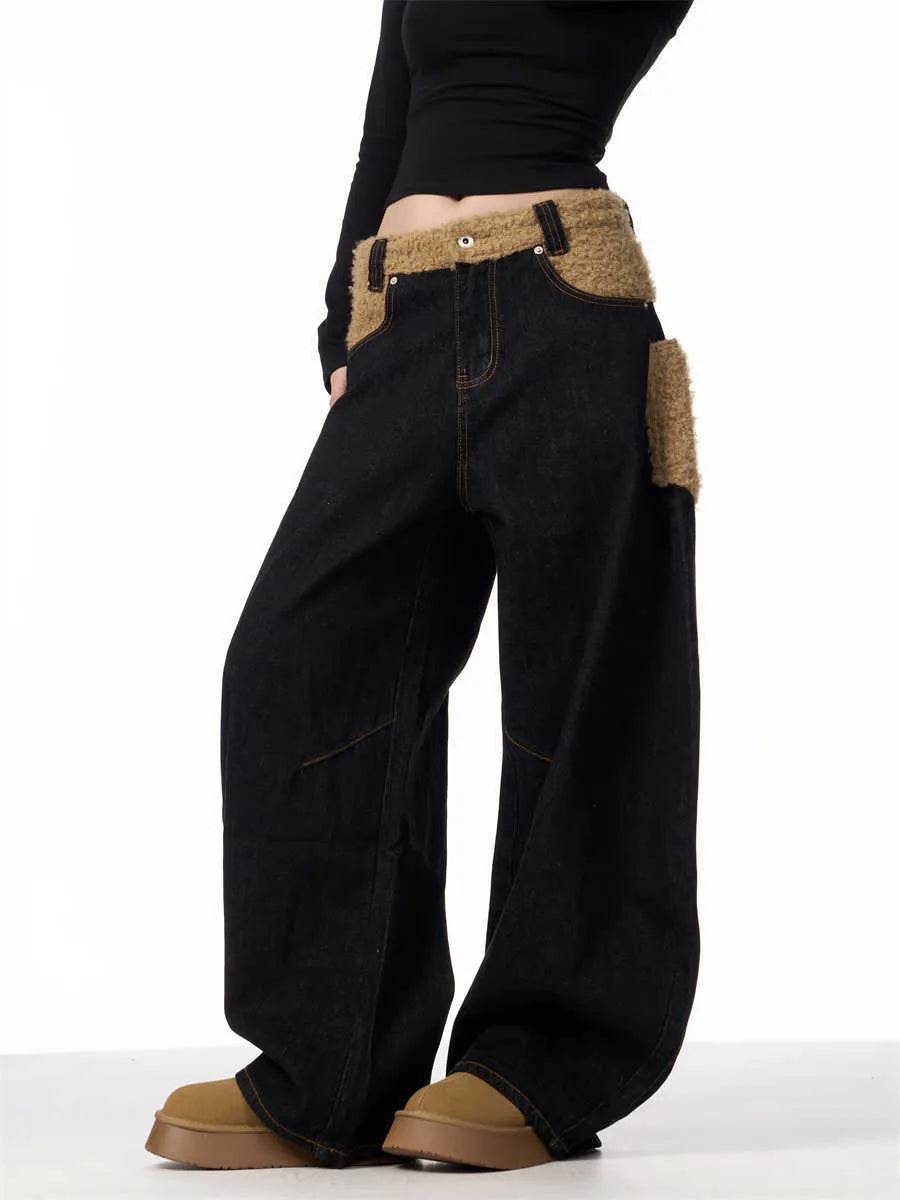 Retro Minority Design Inside-out Wear Stitching Baggy Jeans Pant For Women