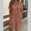 Womens Button Down Shirt Dress Summer Cotton Linen Dress V-Neck Mini Dress Casual Short Sleeve Loose Tunic Dresses