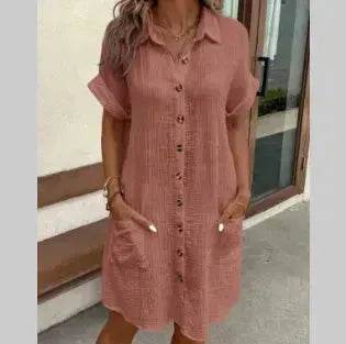 Womens Button Down Shirt Dress Summer Cotton Linen Dress V-Neck Mini Dress Casual Short Sleeve Loose Tunic Dresses