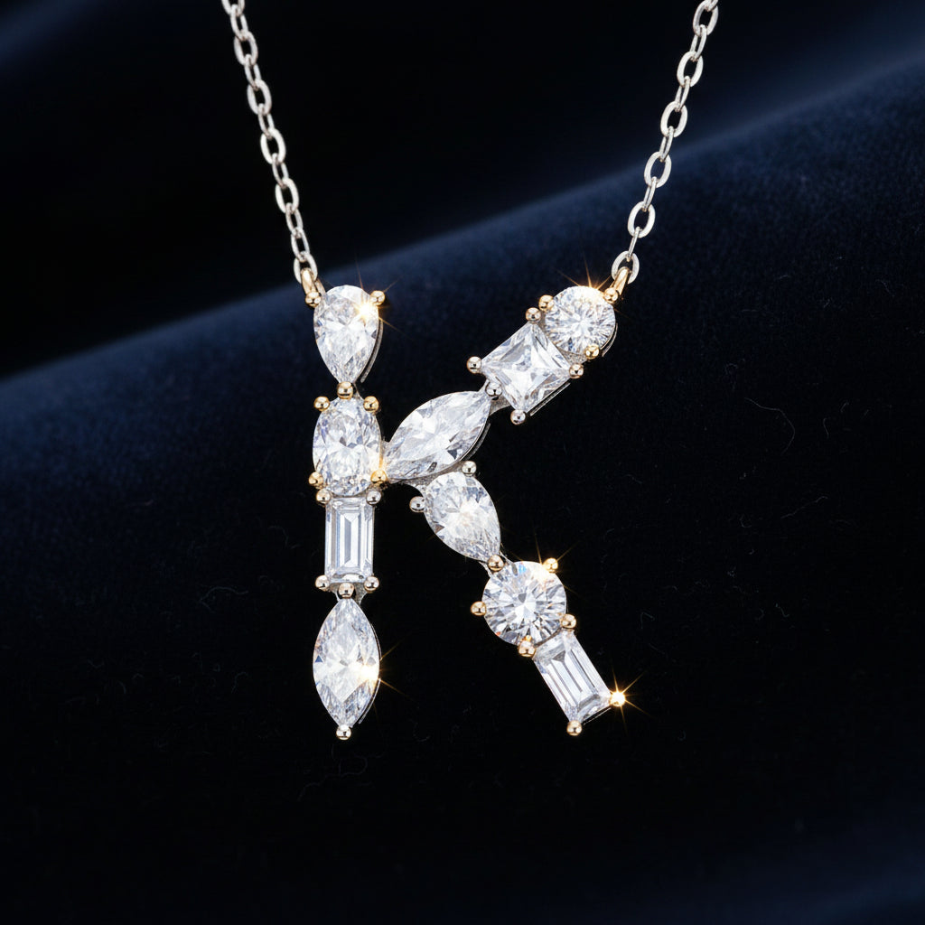 Letter K Moissanite Initial Necklace Pendant – Gold-Plated 925 Silver | GRA Certified